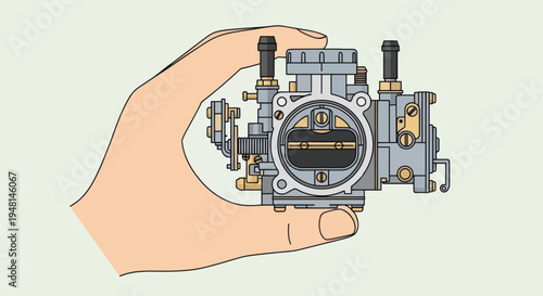 Hand holding carburetor closeup view.