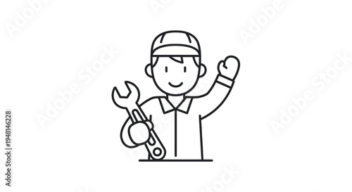 Smiling Mechanic Holding Wrench Tool.