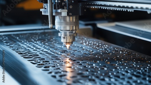 Laser cutting machine in action on metal sheet with precision holes