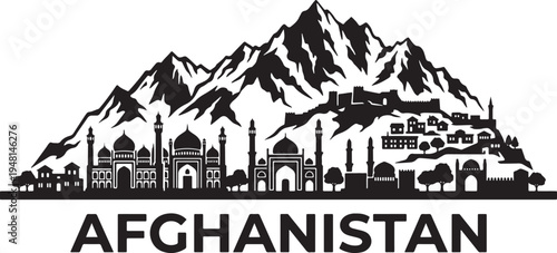Afghanistan landscape with mountains and mosques illustration