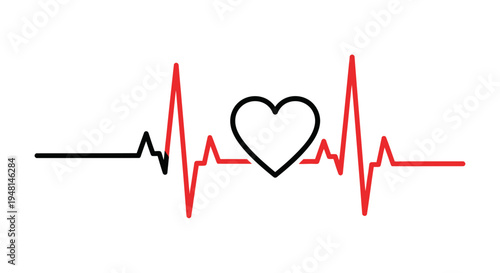 Electrocardiogram line with a heart symbol in the middle, depicting a healthy heartbeat rhythm in red and black.