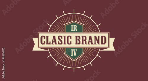Vintage-style emblem with 'CLASIC BRAND' on a banner, featuring a sunburst design and shield elements 'IR' and 'IV' on a maroon background.