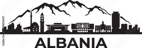 Albania cityscape with mountain range silhouette