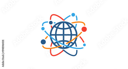 Global network and interconnected atom-like structure representing worldwide communication, science, and technology.
