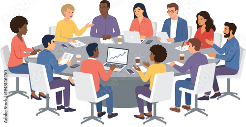 Large roundtable business meeting illustration with twelve professionals collaborating, discussing growth metrics, teamwork, corporate strategy, and group decision-making