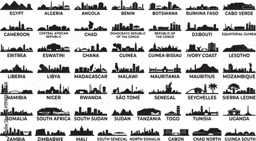 Black silhouettes of African country skylines and landmarks
