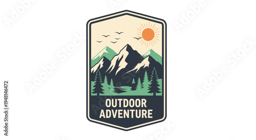 A vintage-style outdoor adventure emblem featuring majestic mountains, a forest of pine trees, a shining sun, and flying birds, all within a shield shape.