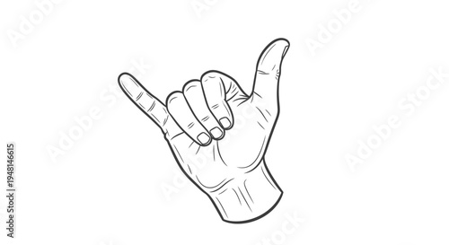 Detailed line art illustration of a hand making the shaka or hang loose gesture, with thumb and pinky extended and middle fingers curled.