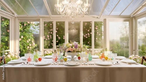 A romantic timelapse of an easter brunch table setting itself in a glass conservatory with climbing roses and crystal chandeliers, concept of greenhouse easter and botanical elegance