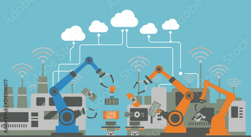 Industrial automation with robotic arms connected to cloud computing and wireless networks in a smart factory environment.