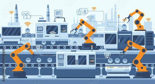 Automated factory production line with robotic arms and smart manufacturing technology.