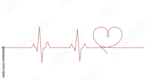A red continuous line forming an electrocardiogram heartbeat pulse with a small heart shape at the end on a white background.