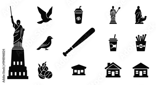 A collection of black silhouette icons featuring landmarks, animals, food, drinks, sports equipment, and buildings on a white background.