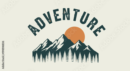Vintage style adventure graphic with mountains, pine forest, and setting sun, perfect for outdoor enthusiasts.