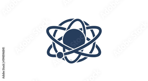 A dark blue stylized atom icon with electrons orbiting a central nucleus, representing science and physics.