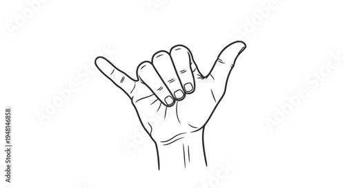 Detailed line art illustration of a hand making the shaka sign, often associated with surfing and Hawaiian culture.