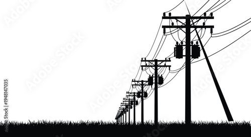 Utility poles with electrical transformers, rural power distribution lines across grassy field, infrastructure perspective depth illustration, energy supply network, countryside electricity system