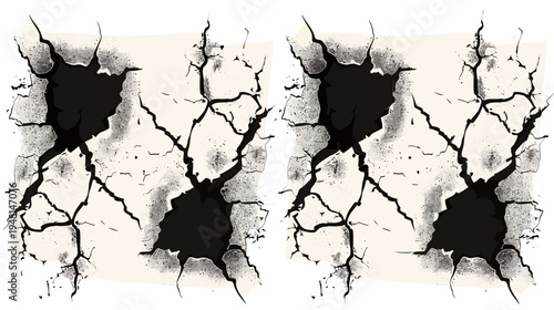 Two abstract images of shattered surfaces with cracks and holes