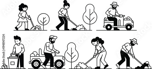 people gardening and landscaping with tools
