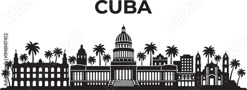 Cuba city skyline with historic buildings and palm trees