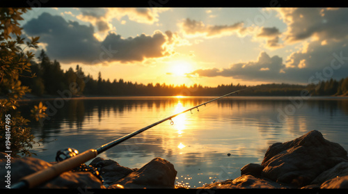 A tranquil sunset scene over a calm lake with a fishing rod resting on the rocky shore, reflecting golden light.