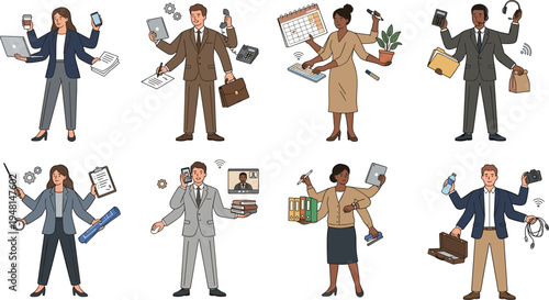 Multitasking business people collection featuring diverse professional characters with multiple arms handling various office tasks and digital work equipment.