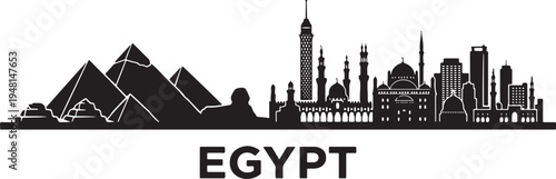 Egyptian cityscape with pyramids and mosques in black silhouette