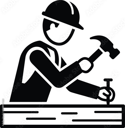 Carpenter Hammering Nail Silhouette, Construction Worker Vector Icon