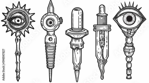 Stylized, monochromatic illustrations of five mystical, mechanical objects with an eye motif