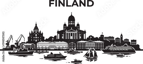 Helsinki Finland city skyline with boats and cruise ships