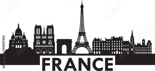 Parisian landmarks in black silhouette against white background with France text