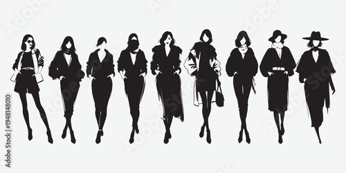 Black line art group of chic women runway walk dynamic fashion figures set Vector brush art