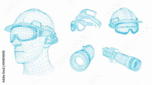 A technical illustration of a head with a helmet, goggles, and other tools, with a wireframe design