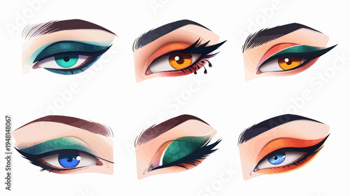 Illustration of six stylized eyes with vibrant makeup looks, various colors on a white background