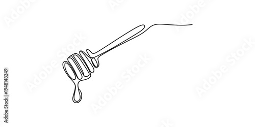 Single line drawing of a honey dipper with a drop of liquid gold isolated on white background