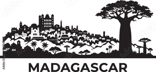 Stunning silhouette of Madagascar landscape with trees and buildings
