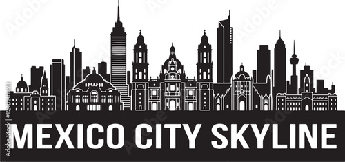 Mexico City skyline in black and white with iconic buildings