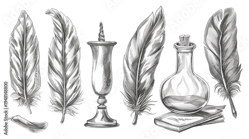 Vintage ink illustration showcasing feathers, a goblet, potion bottle, and a book