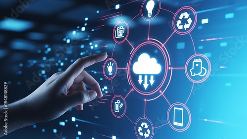 Hand interacting with cloud computing network