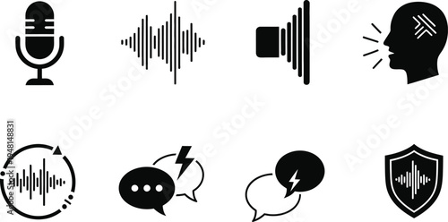 Set of Voice Recognition and Audio Technology Icons for AI Assistant, Speech-to-Text, Podcast Recording, Sound Wave Processing, and Secure Communication in Modern Flat Vector Style