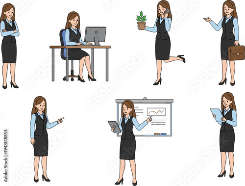 Professional businesswoman illustration in multiple poses, multitasking, workplace diversity, office activities, career development, modern corporate concept
