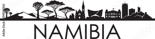 Namibia cityscape with trees and buildings in silhouette