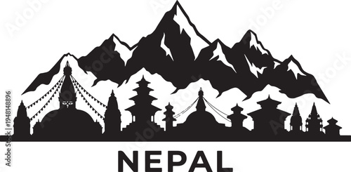 Stunning Nepal landscape with iconic mountain range and temples