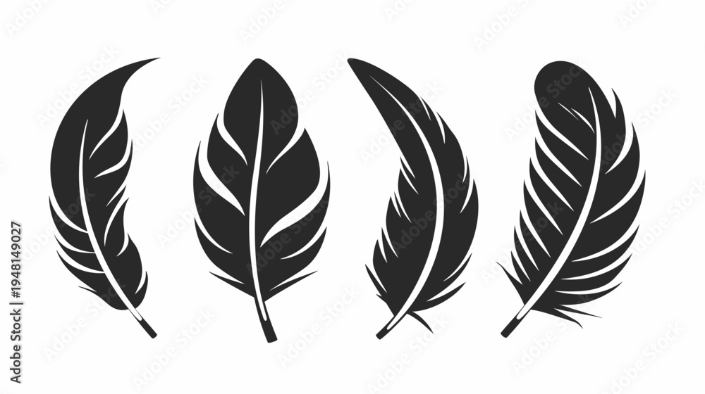 Obraz premium Four stylized black feathers with white accents, set against a plain white background