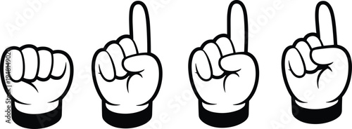 Cartoon hand gesture icon set with raised index finger pointing up and fist symbol, comic glove hand vector illustration collection isolated for instruction direction sign design