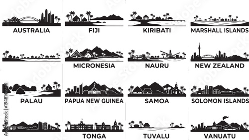 Black silhouettes of iconic landmarks and landscapes from Pacific nations