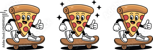 Cute pizza slice mascot riding skateboard cartoon vector illustration, funny fast food character with thumbs up for pizzeria logo, street style sticker and branding