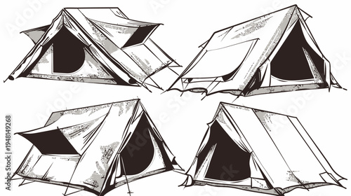 Four stylized camping tent illustrations. Each features simple lines and monochrome shading