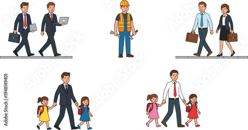 Vector illustration set of diverse people including business professionals, construction worker, students, and a father walking daughters to school.