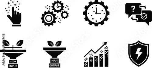 Business Productivity and Growth Icon Set: Time Management, Data Input Output, Financial Growth Graph, Support Chat, and Security Shield Glyph Vectors for Corporate UI and Marketing